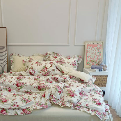 Pink White Rose Floral Velvet Patchwork Flowers Duvet Cover, Fleece Fabric Bedding Set
