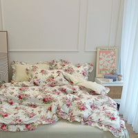 Thumbnail for Pink White Rose Floral Velvet Patchwork Flowers Duvet Cover, Fleece Fabric Bedding Set