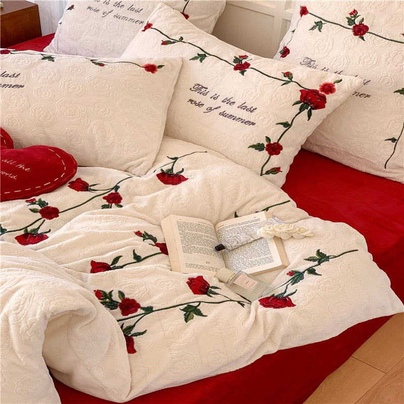 Red Rose Carved Velvet Embroidered Wedding Duvet Cover Set, Fleece Duvet Cover Fleece Fabric Bedding Set