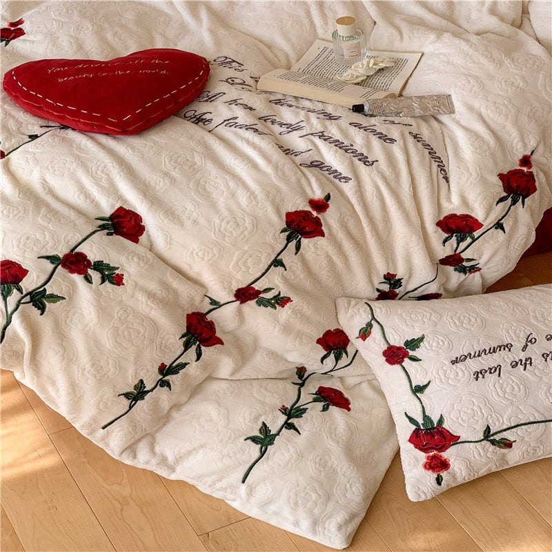 Red Rose Carved Velvet Embroidered Wedding Duvet Cover Set, Fleece Duvet Cover Fleece Fabric Bedding Set