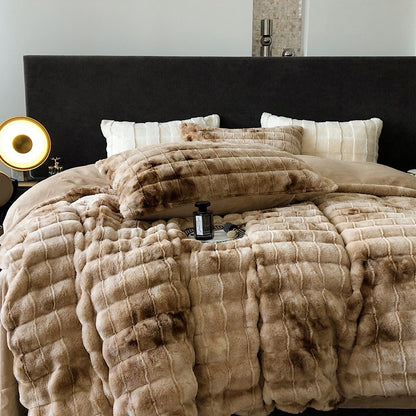 Premium Brown Grey Winter Fleece Thickened Flannel Duvet Cover, Fleece Fabric Bedding Set