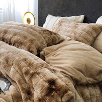Thumbnail for Premium Brown Grey Winter Fleece Thickened Flannel Duvet Cover, Fleece Fabric Bedding Set