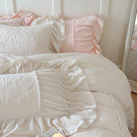Thumbnail for White Pink French Premium Pleat Ruffles Patchwork Duvet Cover, Crystal Velvet Fleece Bedding Set