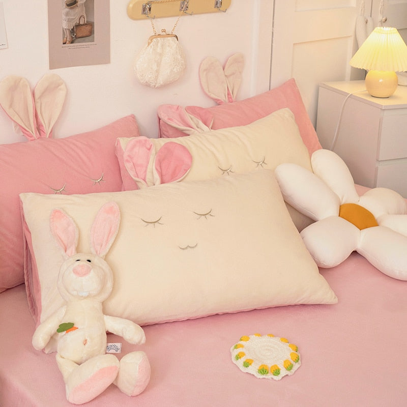 Pink White Bunny Rabbit Girls Crystal Velvet Kids Duvet Cover Set, Fleece Fabric Bedding Set