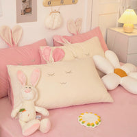 Thumbnail for Pink White Bunny Rabbit Girls Crystal Velvet Kids Duvet Cover Set, Fleece Fabric Bedding Set