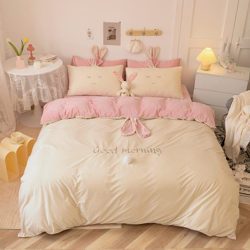 Pink White Bunny Rabbit Girls Crystal Velvet Kids Duvet Cover Set, Fleece Fabric Bedding Set