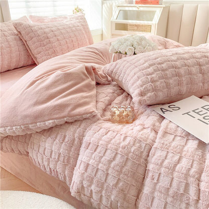 White Pink Winter Warm Short Plush Duvet Cover Set, Velvet Fleece Fabric Bedding Set