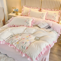 Thumbnail for White Pink Soft Crystal Velvet Flowers Embroidered Ruffles Duvet Cover Set, Fleece Fabric Bedding Set