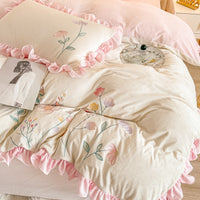 Thumbnail for White Pink Soft Crystal Velvet Flowers Embroidered Ruffles Duvet Cover Set, Fleece Fabric Bedding Set