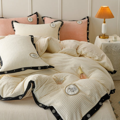Pink White Rose Flower Premium Super Soft Short Plush Duvet Cover Set, Velvet Fleece Bedding Set
