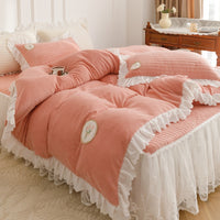 Thumbnail for White Pink Flower Tulip Soft Lace Bed Skirt Duvet Cover Set, Velvet Fleece Bedding Set