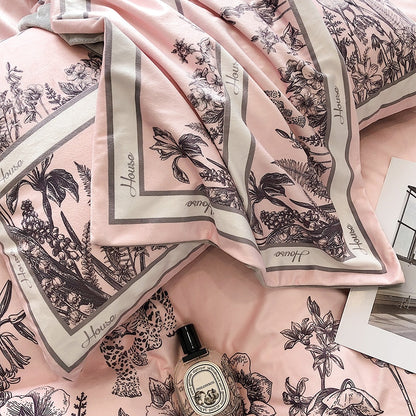 Pink White Leopard Deer Leaves Duvet Cover Set, Velvet Fleece Bedding Set