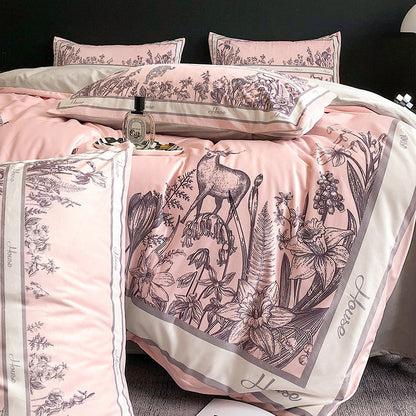 Pink White Leopard Deer Leaves Duvet Cover Set, Velvet Fleece Bedding Set