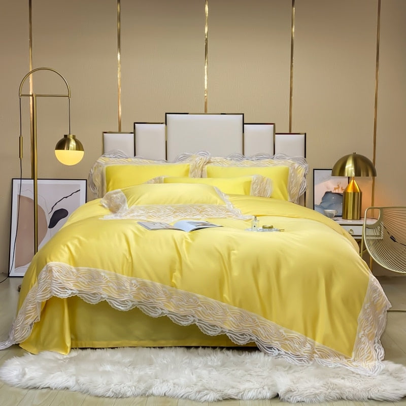 Yellow Pink Premium Europe Wedding Hollow Lace Duvet Cover, Egyptian Cotton 1000TC Bedding Set