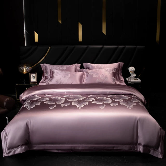 Luxury Silver Purple Jacquard Embroidered European Satin Silky Duvet Cover, Egyptian Cotton 1000TC Bedding Set