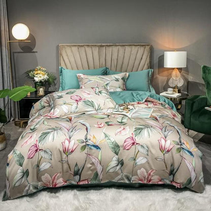 Luxury Floral Leaves Botanical Forest Duvet Cover Set, Egyptian Cotton 600TC Bedding Set