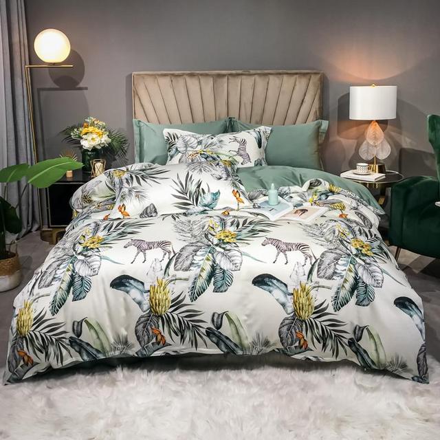 Luxury Floral Leaves Botanical Forest Duvet Cover Set, Egyptian Cotton 600TC Bedding Set