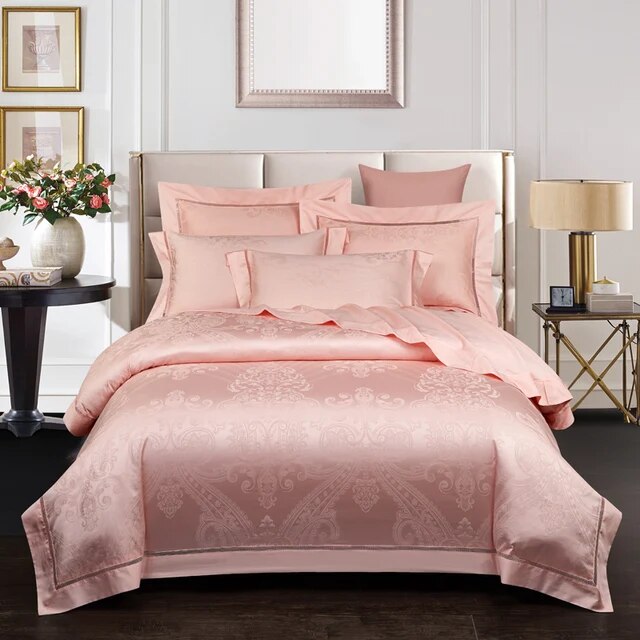 Pink Yellow Vintage Luxury Jacquard Pattern Duvet Cover Set, 1000TC Egyptian Cotton Bedding Set