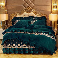 Thumbnail for Luxury Purple Burgundy Heavyweight Velvet Bed skirt Duvet Cover Set, Fleece Fabric Bedding Set