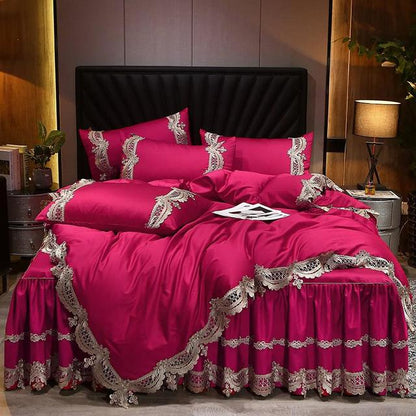 Elegant Chic Pink Burgundy Lace Soft Royal Duvet Cover Set, Egyptian Cotton 600TC Bedding Set