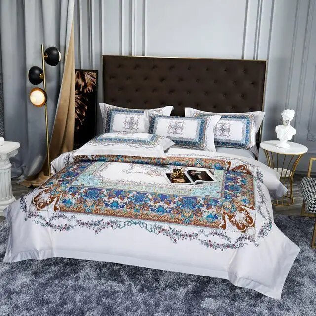 White Burgundy Vintage Bohemian Premium European Duvet Cover Set, 1000TC Egyptian Cotton Bedding Set