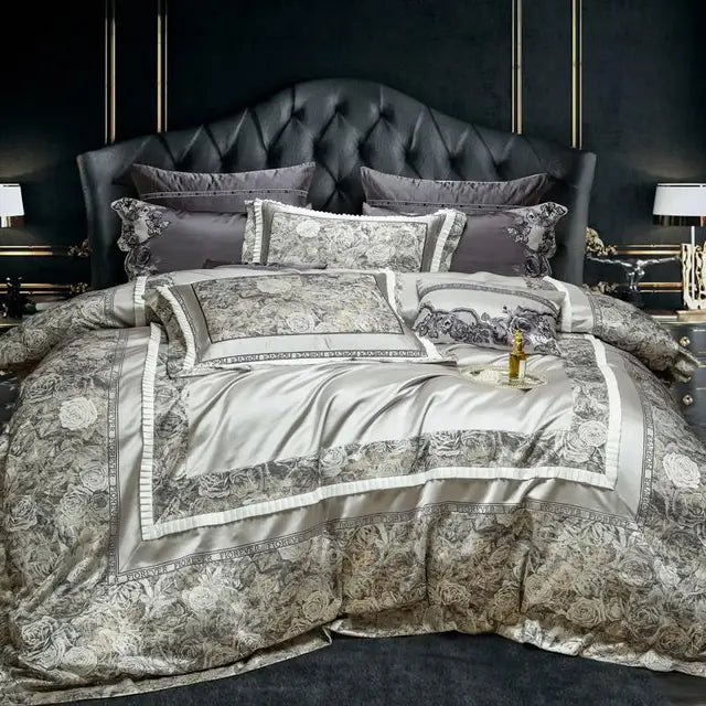 Luxury Baroque Embroidery Patchwork Duvet Cover Set, Silky Satin Cotton 1000TC Bedding Set