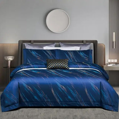 Grey Blue Luxury Long Striped Jacquard Duvet Cover Set, 1000TC Egyptian Cotton Bedding Set
