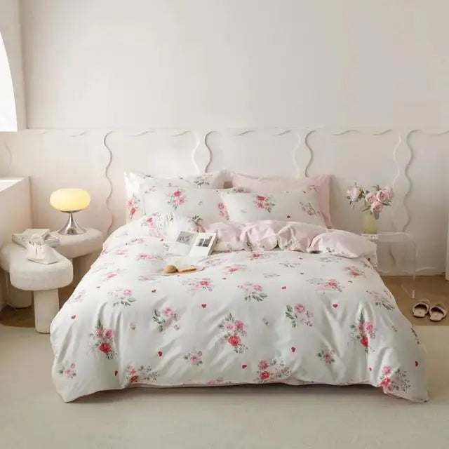 Pink Blossom Trees Forest Print Cotton Fabric Duvet Cover Bedding Set