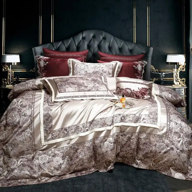 Luxury Baroque Embroidery Patchwork Duvet Cover Set, Silky Satin Cotton 1000TC Bedding Set