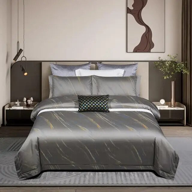Grey Blue Luxury Long Striped Jacquard Duvet Cover Set, 1000TC Egyptian Cotton Bedding Set