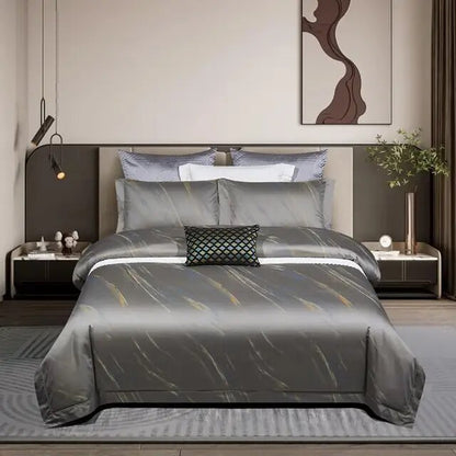 Grey Blue Luxury Long Striped Jacquard Duvet Cover Set, 1000TC Egyptian Cotton Bedding Set