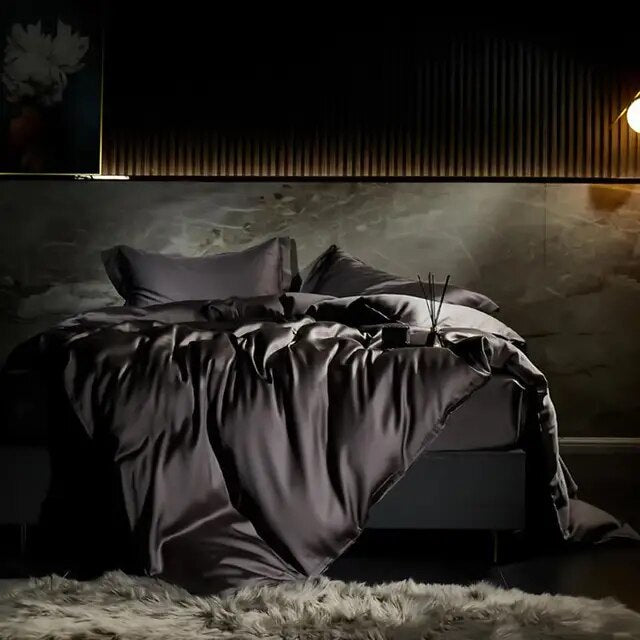 Black Dark Blue Smooth Premium Duvet Cover Set 600TC Eucalyptus Bamboo Fiber Silk Bedding Set