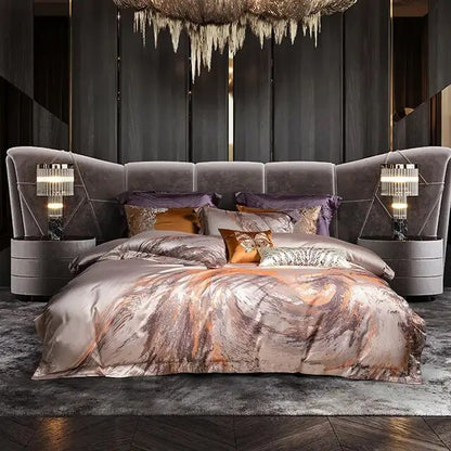 Grey Champagne Luxury Royal Art Leopard Patten Jacquard Duvet Cover Set, Satin 1500TC Egyptian Cotton Bedding Set