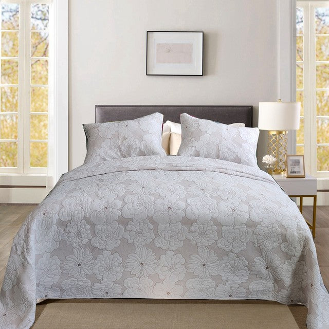 Premium Chic Floral Quilted Bedspread Beige Embroidery Cotton 500TC for Bedding