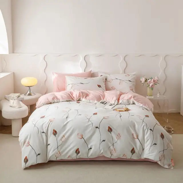 Pink Blossom Trees Forest Print Cotton Fabric Duvet Cover Bedding Set