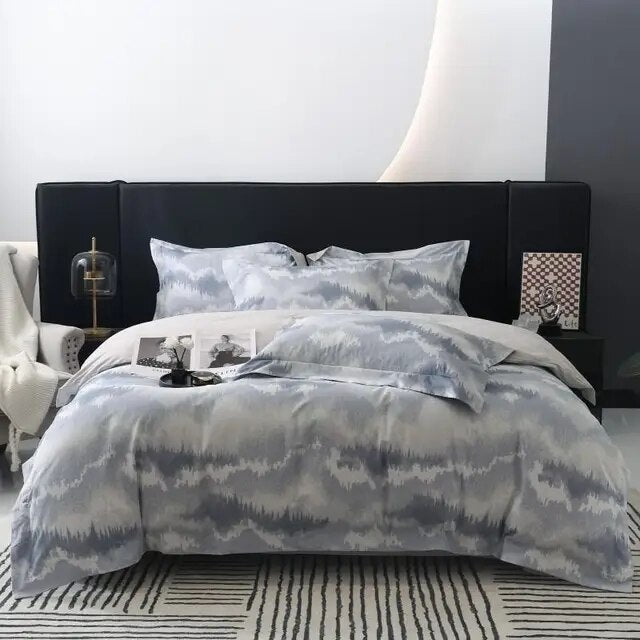 Premium Grey White Marble Pattern Duvet Cover Set, 600TC Brushed Cotton Bedding Set