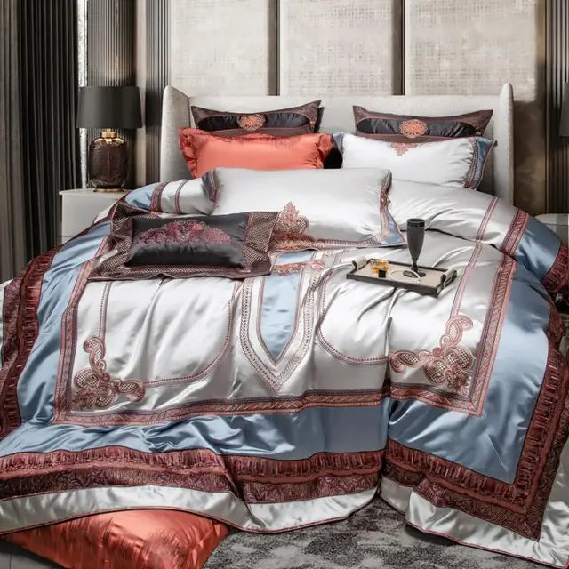 Luxury Baroque Embroidery Patchwork Duvet Cover Set, Silky Satin Cotton 1000TC Bedding Set