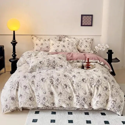 Pink Rose Flowers Premium Family Duvet Cover Set, 100%Cotton Brushed Bedding Set