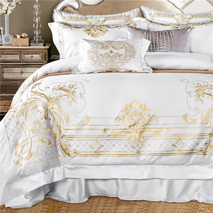 White Gold Baroque Premium Embroidered Duvet Cover Set, Egyptian Cotton Bedding Set