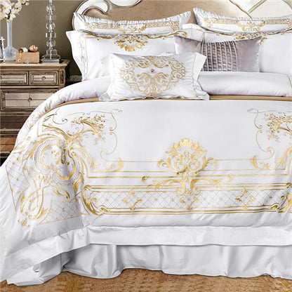 White Luxury Golden Embroidery Egyptian Cotton Duvet Cover Bedding Sets ( Queen , King ) Bedroom A