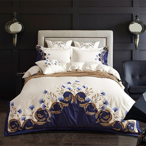 Luxury White Navy Blue Nature Flower Europe Embroidered Duvet Cover, 600TC Egyptian Cotton Bedding Set
