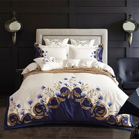 Thumbnail for Luxury White Navy Blue Nature Flower Europe Embroidered Duvet Cover, 600TC Egyptian Cotton Bedding Set