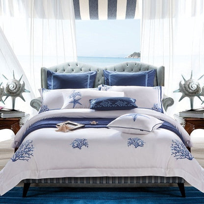 Blue White Coral Embroidered Premium Silky Soft Duvet Cover Set, Egyptian Cotton 500 Thread Count Bedding Set