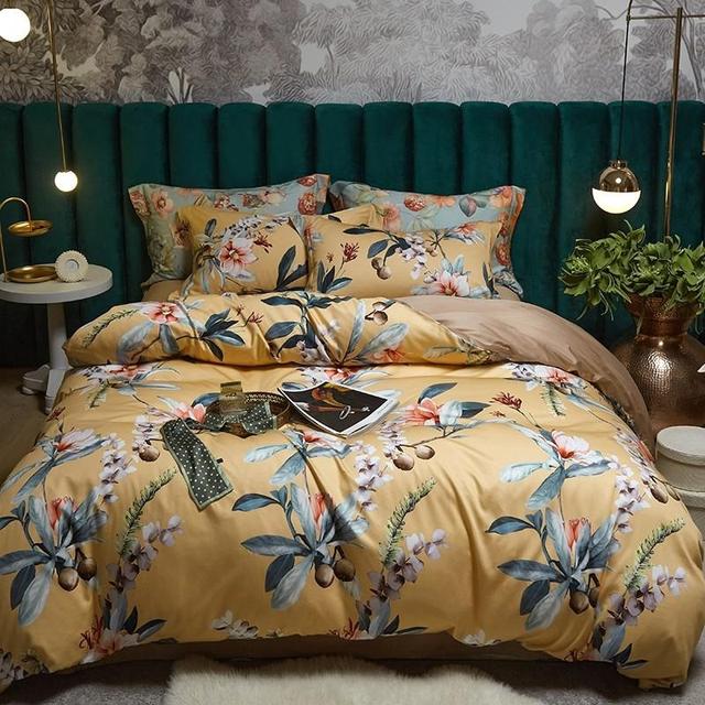 Luxury Floral Leaves Botanical Forest Duvet Cover Set, Egyptian Cotton 600TC Bedding Set