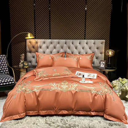 Emeralds Gold Europe Baroque Premium Embroidery 100%Cotton Duvet Cover Bedding Set