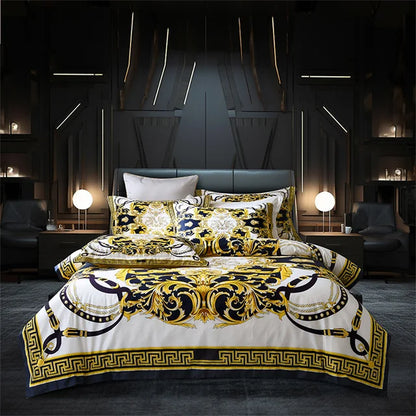 Gold Black Luxury European Baroque Linens Wedding Duvet Cover Set, 1200TC Egyptian Cotton Bedding Set