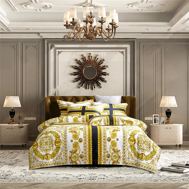 Gold Black Luxury European Baroque Linens Wedding Duvet Cover Set, 1200TC Egyptian Cotton Bedding Set