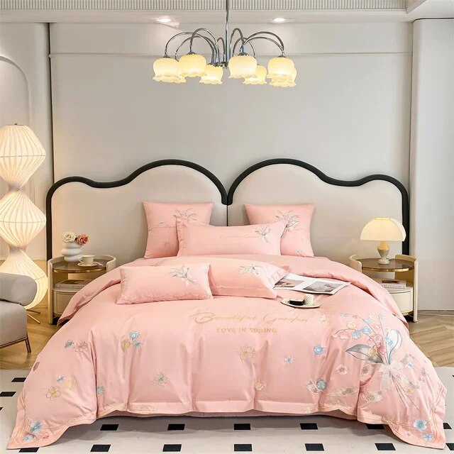 White Pink Garden Flower Butterfly Egyptian Cotton Satin Embroidery Duvet Cover Bedding Set