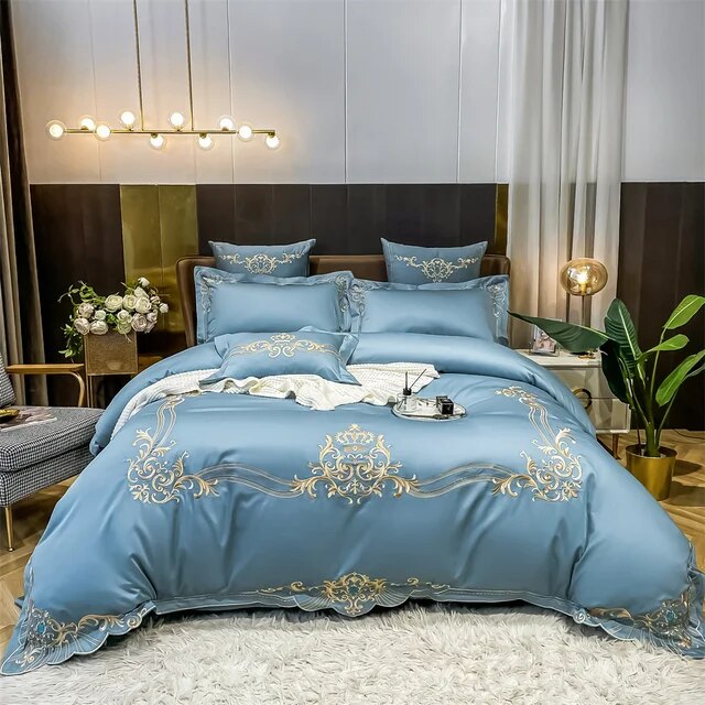 Gold White Royal Baroque Egyptian Cotton Satin Embroidery Duvet Cover Bedding Set