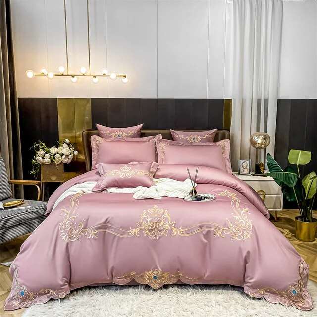 Gold White Royal Baroque Egyptian Cotton Satin Embroidery Duvet Cover Bedding Set